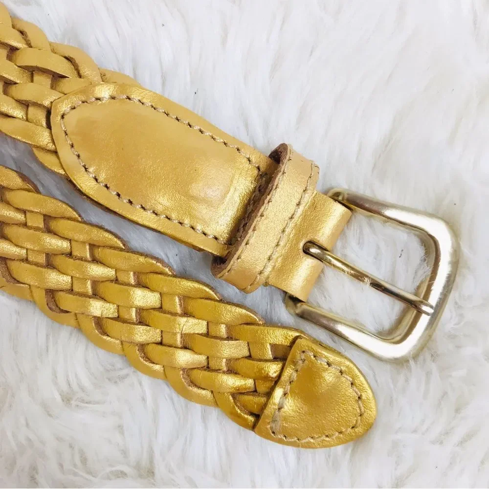 VINTAGE 90s Gold Metallic Woven Leather Belt‎ Braided Y2K Retro Medium Large